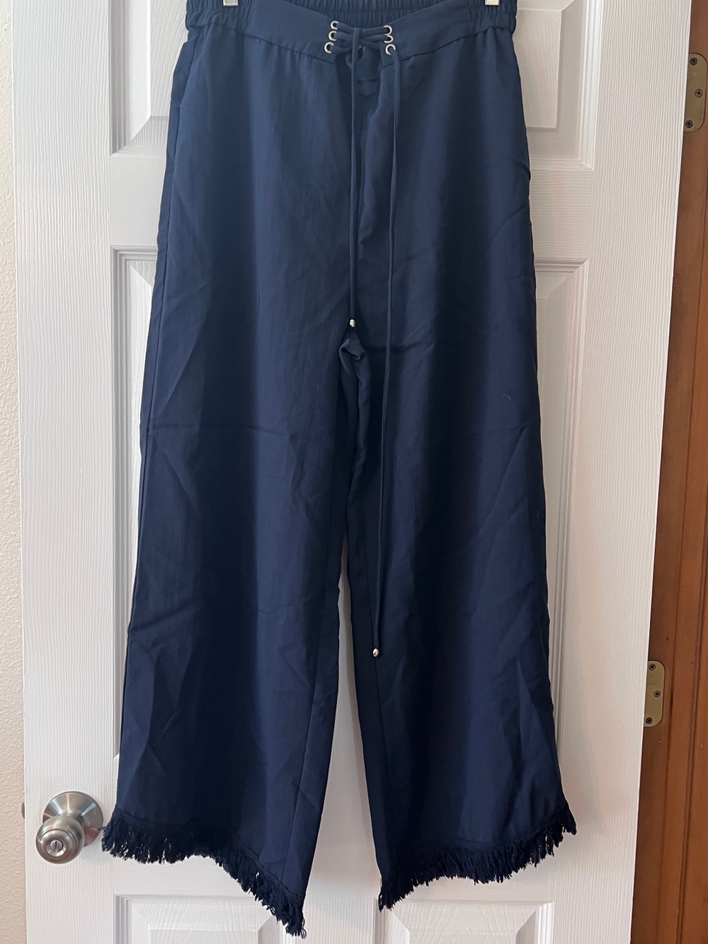 Grace Karin Navy Wide-Leg Fringe Hem Pants